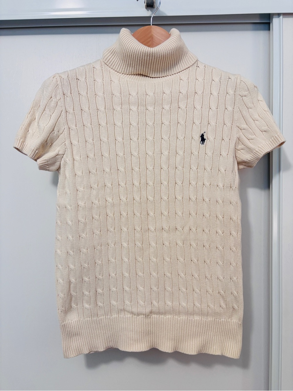 Ralph Lauren Women Cable Knit Short Sleeve Turtleneck Sweater Cream Size XL Pony